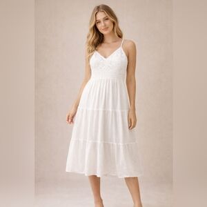 Ultra Flirt White Crochet-Top Tiered Midi Dress
